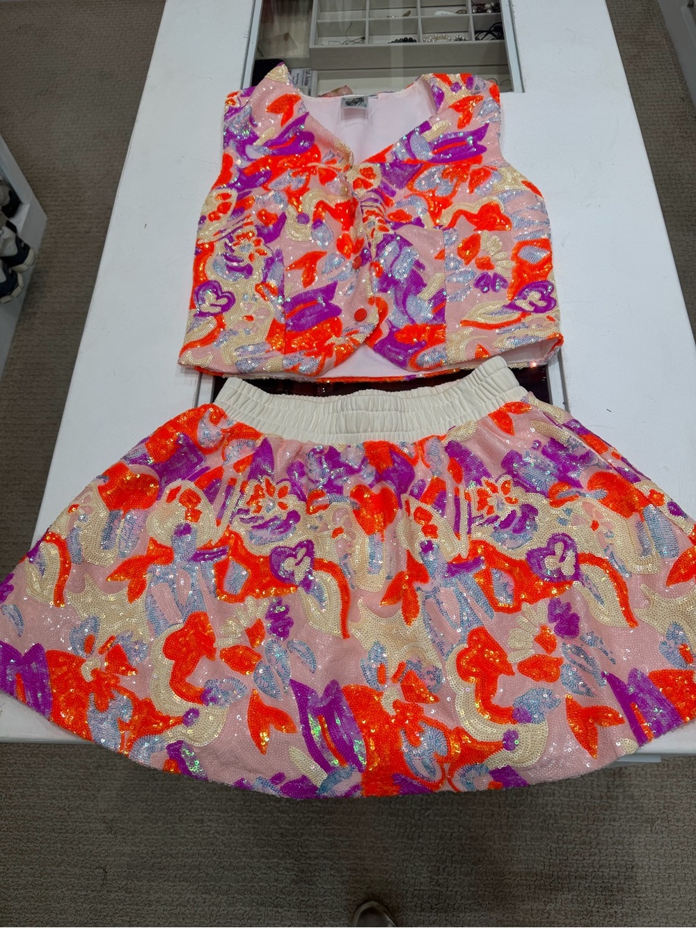 QUEEN OF SPARKLES Pink Sequin Two-Piece Set with Orange & Purple Accents